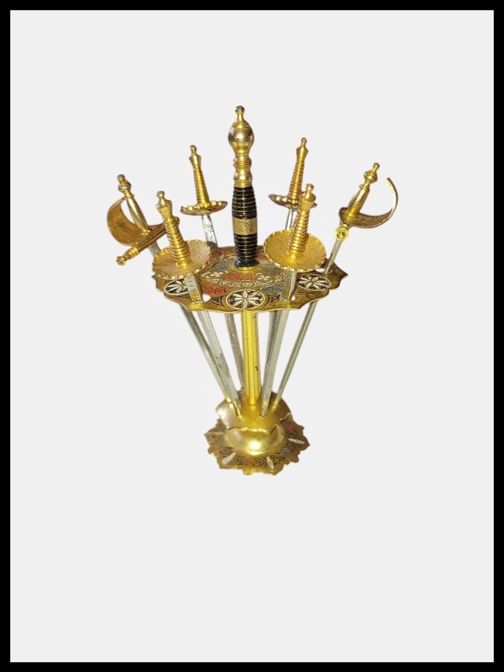 Vintage Toledo Spain Mini Sword Toothpicks Barware Set with Stand